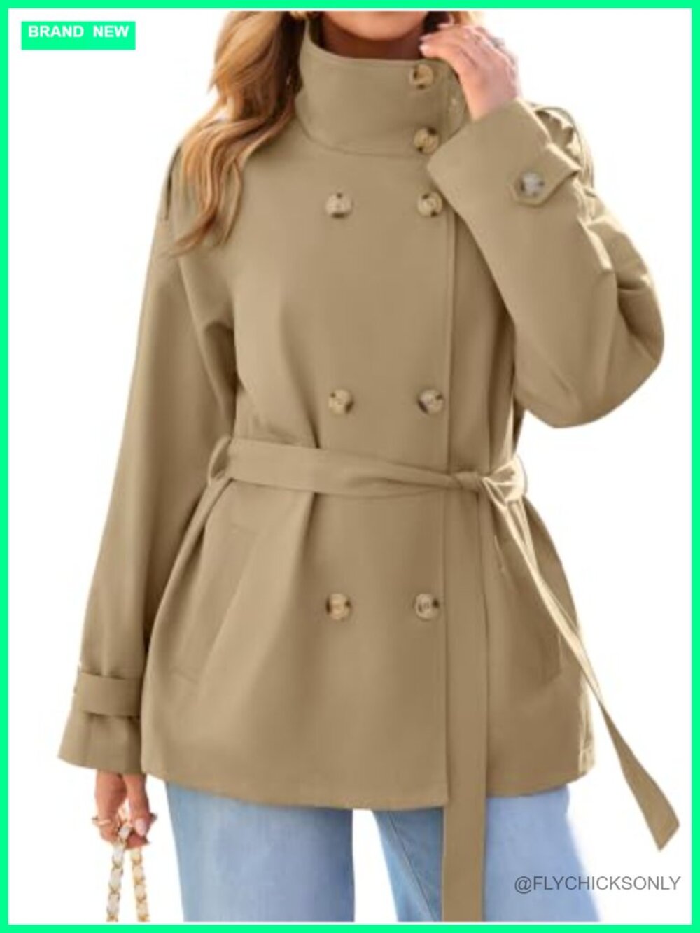Short Trench Coat Double Breasted Stand Collar Water Repellent Fall Jacket